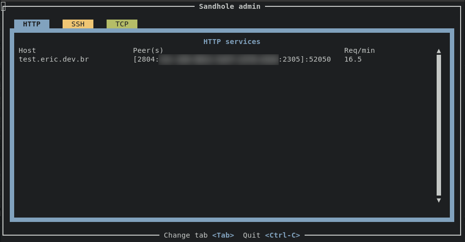 A terminal screenshot showing the "Sandhole admin" interface, displaying the HTTP services currently running.